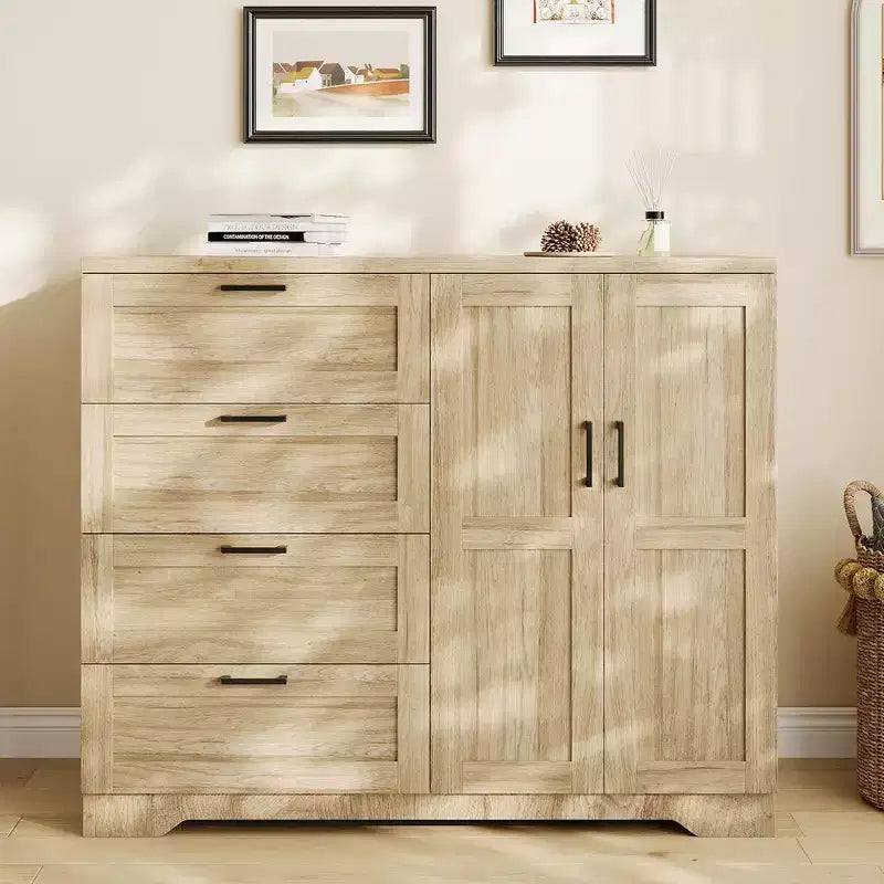 43,3 Zoll hoher Kleiderschrank aus Holz mit 4 Schubladen und Kleiderstange, multifunktionaler Aufbewahrungsschrank und Kommode für Kleidung im Schlafzimmer