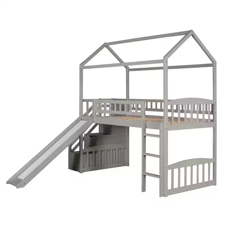 Cama alta tipo casa Twin com escorrega e escadas, cama alta com gavetas de arrumação, cama alta de madeira tipo cabana para crianças e bebés