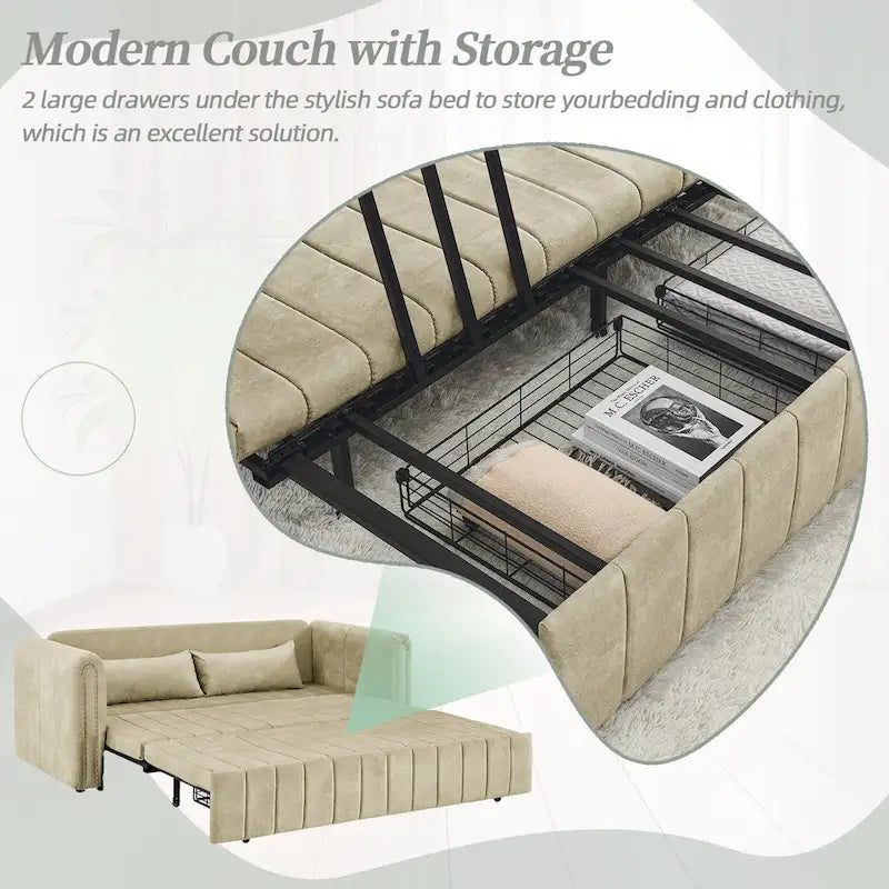 Velvet Upholstered Modern Convertible Sleeper Lounge Sofa Bed with Rolled Arms Decorated with Copper Nails