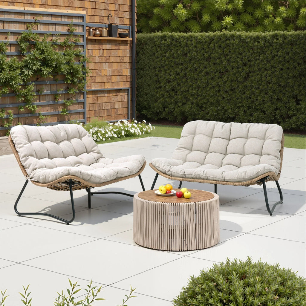 Doppelter Papasan-Sessel als Loveseat mit Kissen, wetterfestes PE-Rattan und Metallgestell für drinnen und draußen