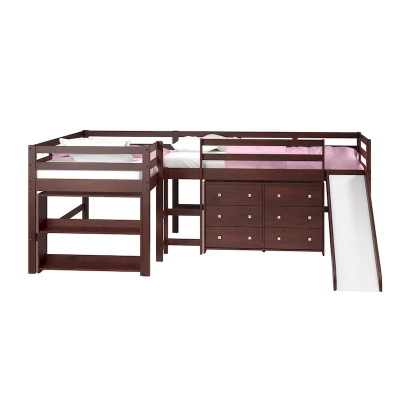 Set letto a soppalco scorrevole a L doppio Twin in color cappuccino scuro