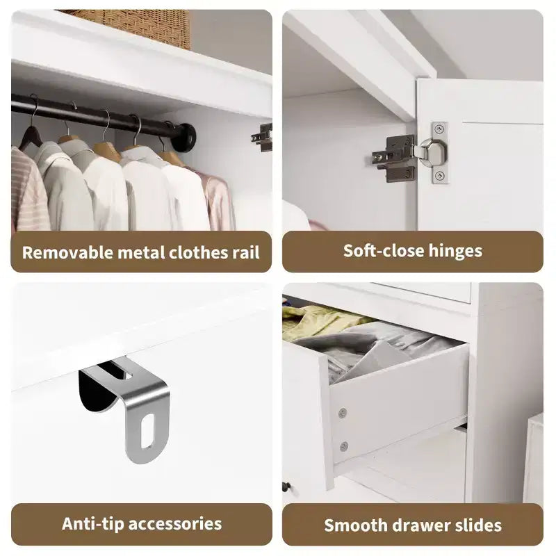 Armário roupeiro COZONY com 3 gavetas e 2 portas, armário de madeira moderno para quarto, roupeiro branco independente para cargas pesadas