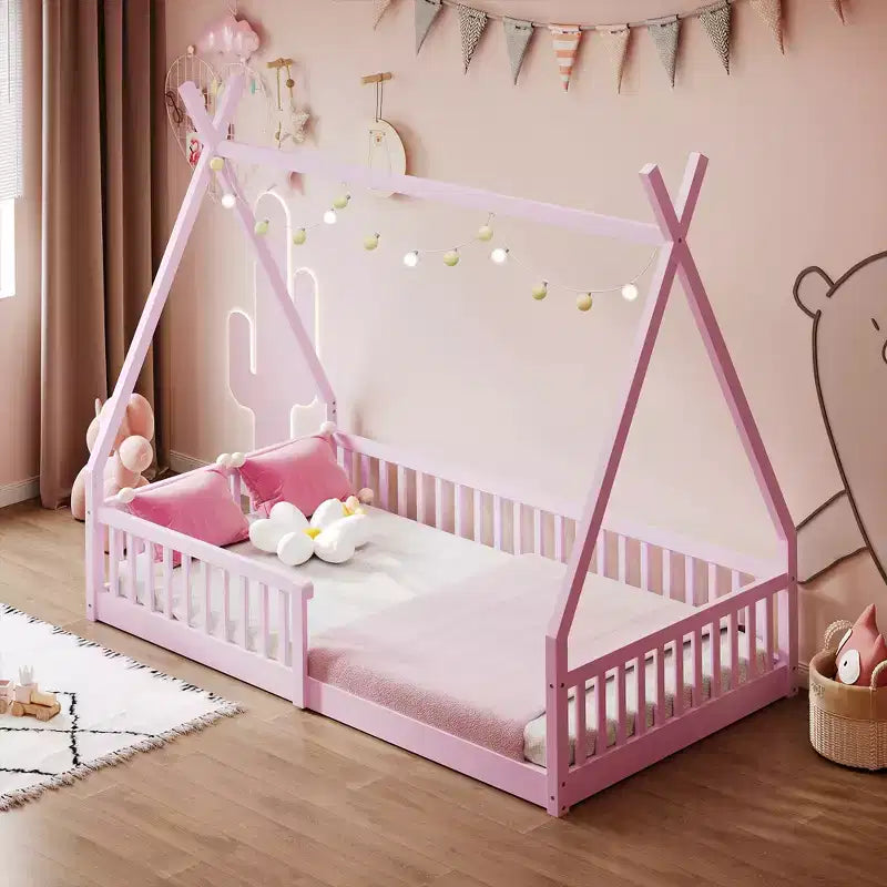 Cama de chão para crianças, camas-tenda individuais, cama de chão Montessori com ripas e grades de proteção, estrutura de cama-casa de madeira para meninos e meninas