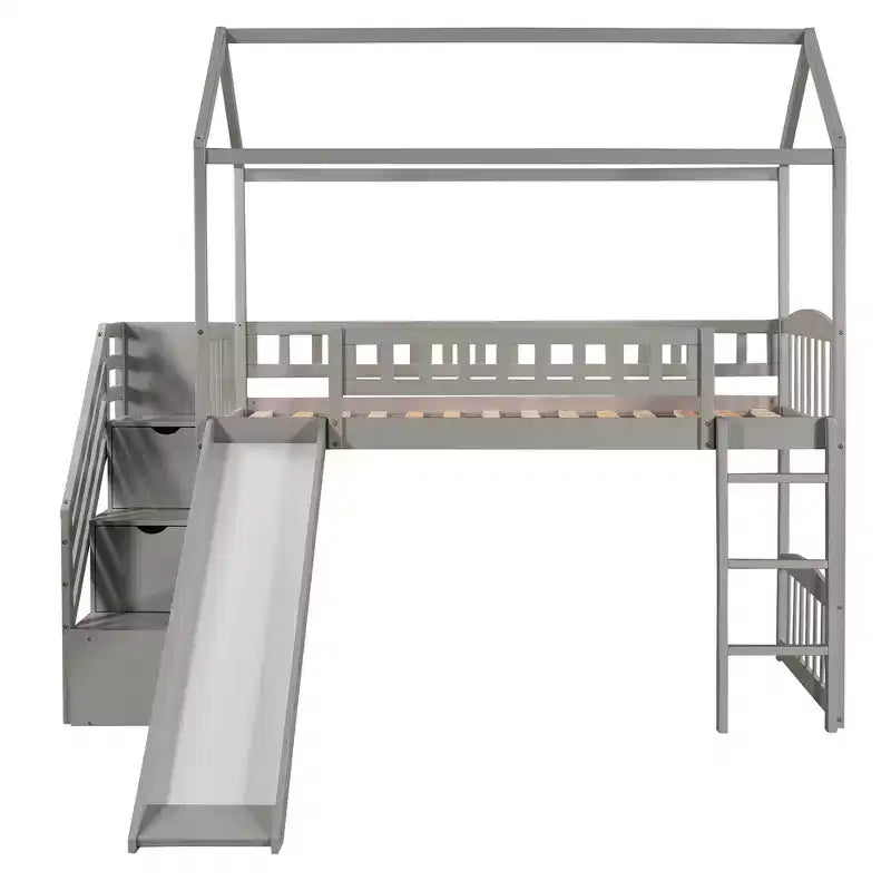 Cama alta tipo casa Twin com escorrega e escadas, cama alta com gavetas de arrumação, cama alta de madeira tipo cabana para crianças e bebés