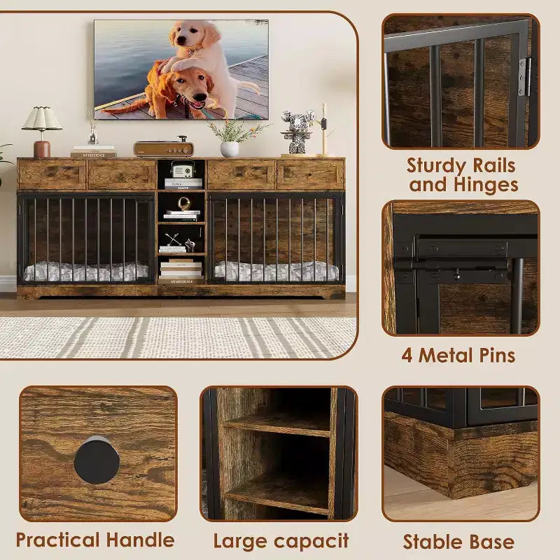 82 Casota de mobiliário para dois cães, canil grande para interior, casota de madeira resistente para 2 cães com suporte para TV, 4 gavetas e prateleiras
