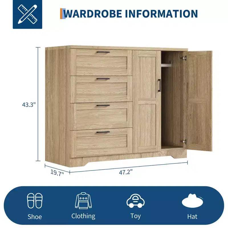 43,3 Zoll hoher Kleiderschrank aus Holz mit 4 Schubladen und Kleiderstange, multifunktionaler Aufbewahrungsschrank und Kommode für Kleidung im Schlafzimmer