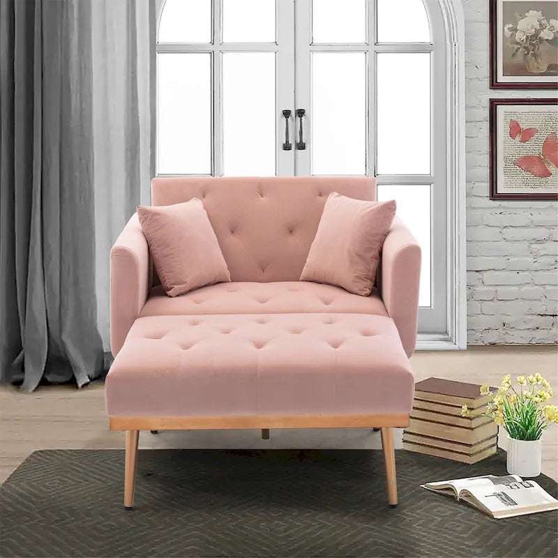 Poltrona letto in velluto imbottito e trapuntato per soggiorno, con gambe color oro rosato