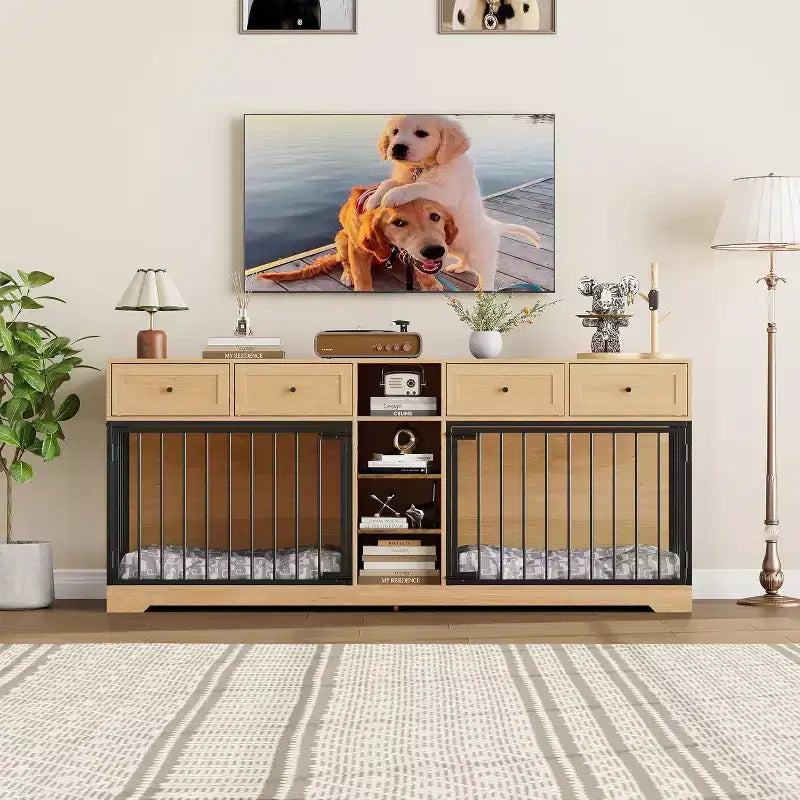 82 Casota de mobiliário para dois cães, canil grande para interior, casota de madeira resistente para 2 cães com suporte para TV, 4 gavetas e prateleiras
