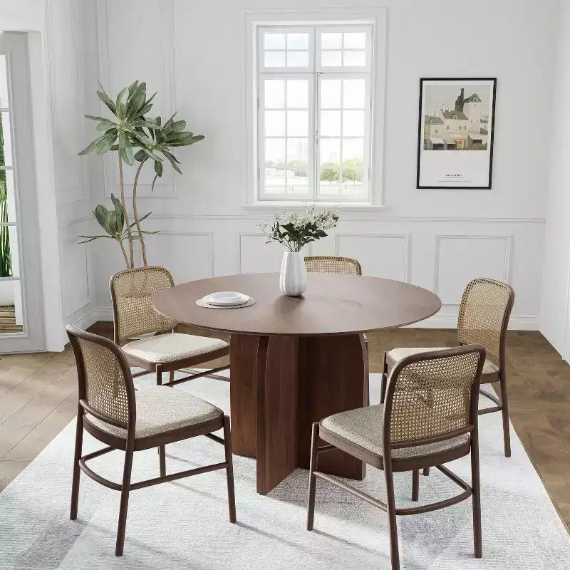 Mesa de jantar redonda PexFix de madeira maciça, 45 x45, com acabamento em nogueira e pernas arqueadas elegantes para salas de jantar e cozinhas modernas