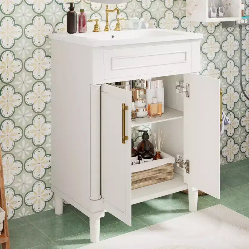 Móvel de casa de banho de 24 com lavatório cerâmico, armário Shaker, 2 portas com fecho suave e estrutura de madeira maciça para casa de banho pequena ou lavabo
