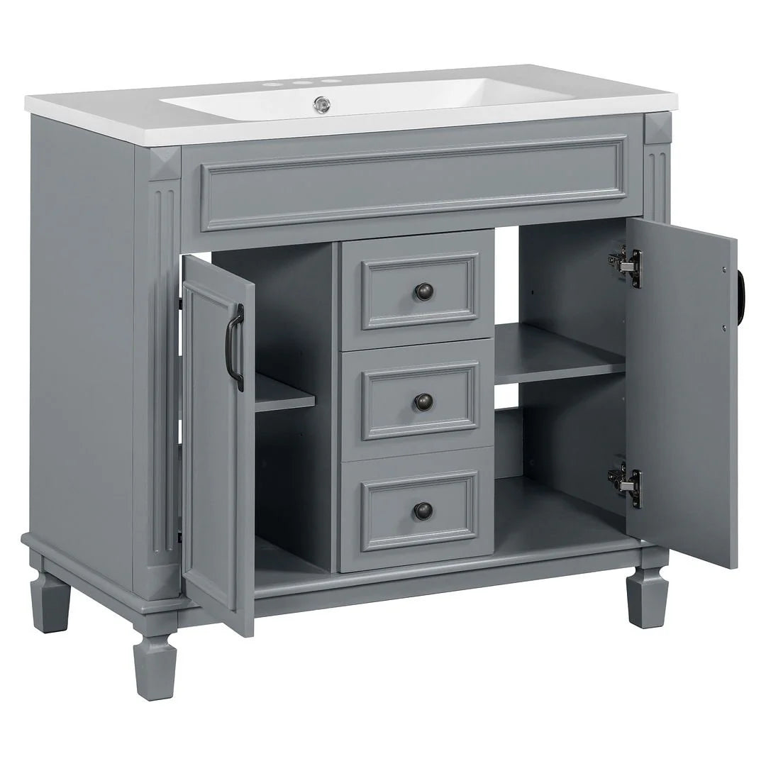 Moderne badkamermeubelset van 36 inch met wastafelblad, spiegelkast, 2 deuren en 2 laden