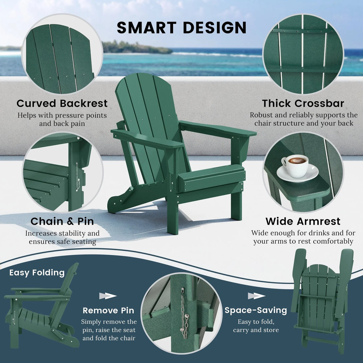 Polytrends Laguna Fade Resistant All Weather Outdoor Patio Folding Adirondack Chair