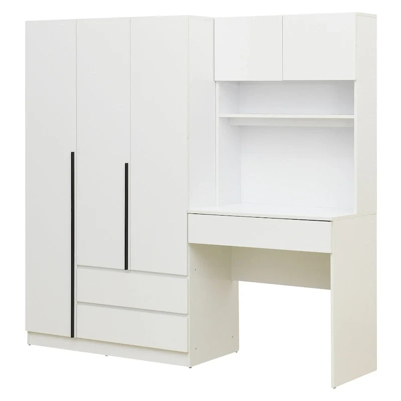 Roupeiro 3 em 1 com mesa de maquilhagem, conjunto de secretária, armário de quarto com 2 gavetas, 3 portas e espaço de arrumação