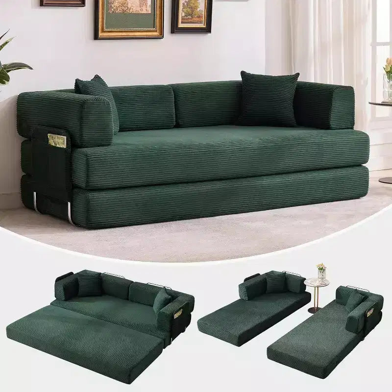 Sofá-cama de chão em bombazina com almofadas, braços e encosto convertíveis, adequado para salas de estar, quartos e apartamentos.