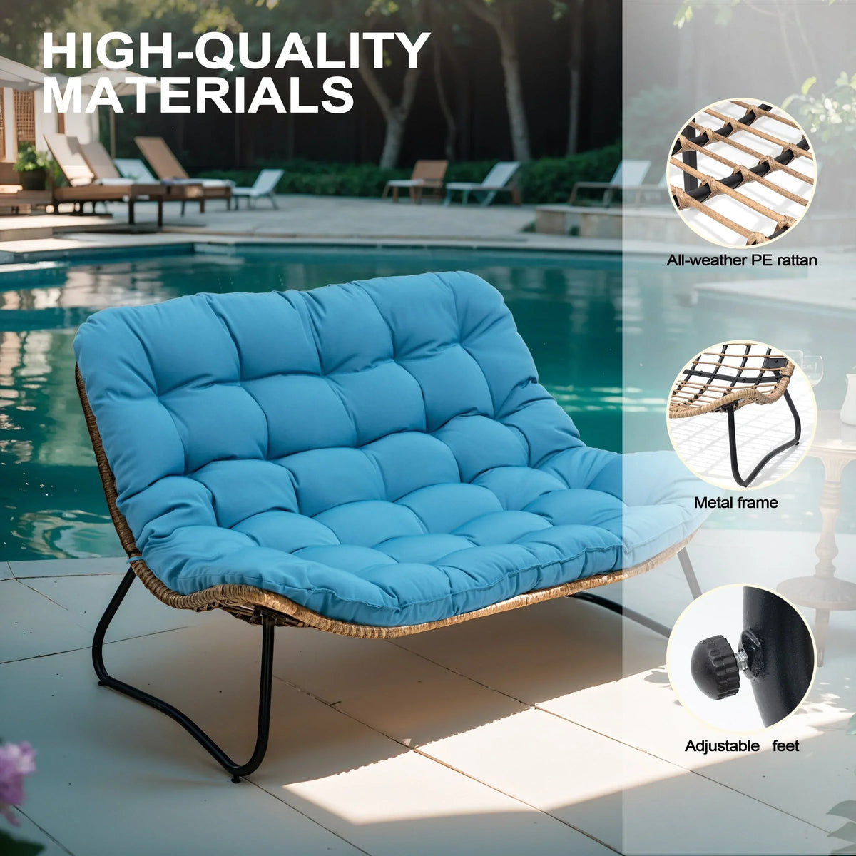 Doppelter Papasan-Sessel als Loveseat mit Kissen, wetterfestes PE-Rattan und Metallgestell für drinnen und draußen