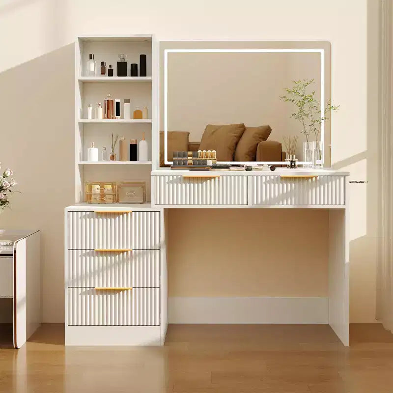 Schminktisch mit beleuchtetem Spiegel und Ladestation, dimmbares Touch-Licht mit 3 Lichtfarben, 5 Schubladen und Glasplatte, moderner Frisiertisch fürs Schlafzimmer