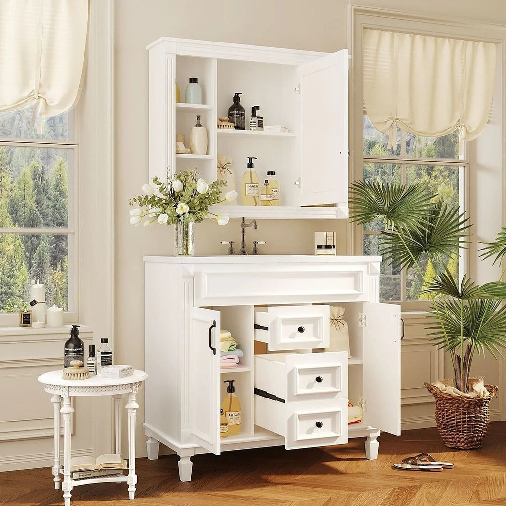 Moderne badkamermeubelset van 36 inch met wastafelblad, spiegelkast, 2 deuren en 2 laden