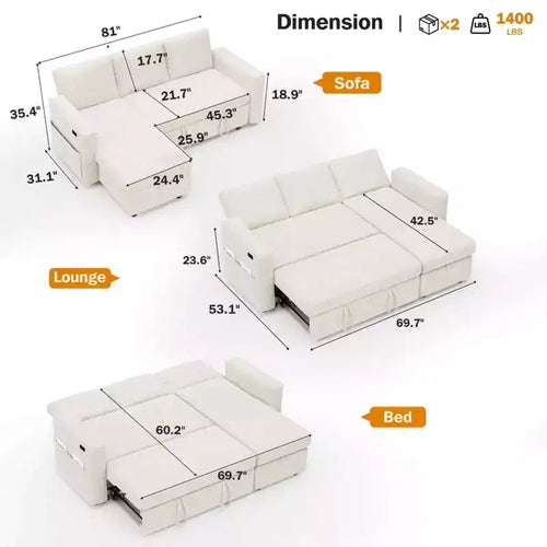 Sofá-cama extraível 2 em 1 com chaise longue com arrumação, sofá modular em chenille com portas USB para a sala de estar