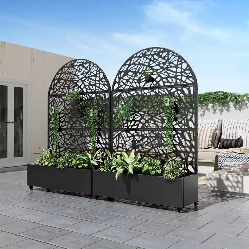 MAYEERTY floreira de ferro arqueada preta de 72x47 com treliça, conjunto de 3 peças, painel decorativo de jardim para pátio e varanda