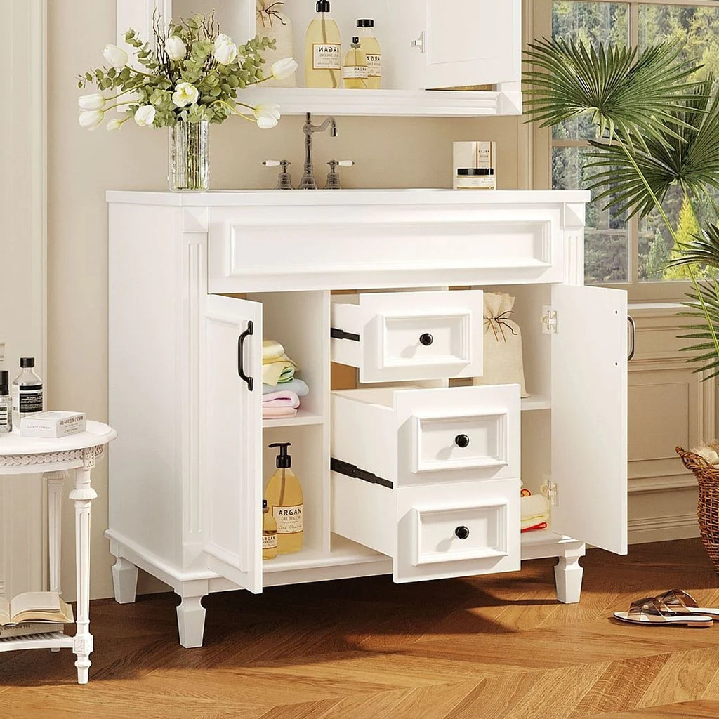 Moderne badkamermeubelset van 36 inch met wastafelblad, spiegelkast, 2 deuren en 2 laden