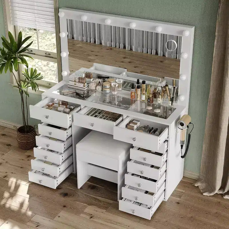 Toeletta BALHAM TRADE con 15 cassetti, 3 modalità di colore, luminosità regolabile, piano in vetro e sgabello
