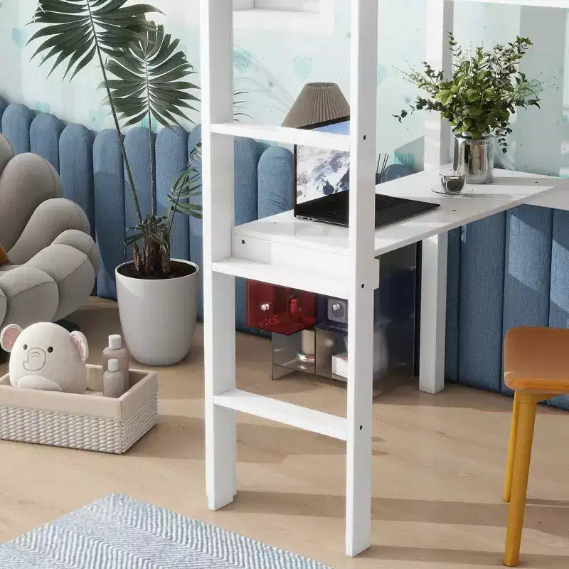 Lit mezzanine minimaliste Okak avec échelle, lit mezzanine double en bois d'hévéa avec barrière de sécurité et bureau intégré, cadres de lit pour enfants et adolescents
