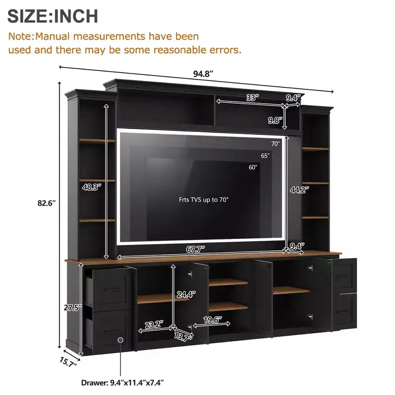 Unità a parete centro d'intrattenimento in stile rustico ModernLuxe 4-in-1, adatta a TV fino a 70, mobile TV e console multimediale con ripiani e cassetti regolabili