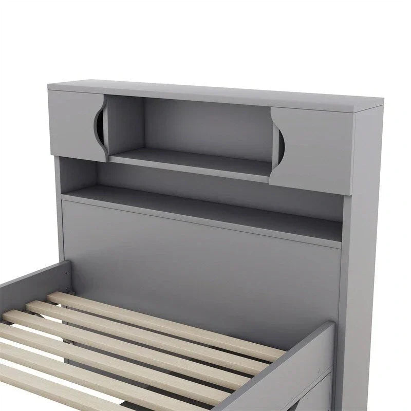 Cama de plataforma tipo capitão Twin/Full com 4 gavetas e prateleiras de arrumação, estrutura de cama em madeira maciça com cabeceira-estante para arrumação