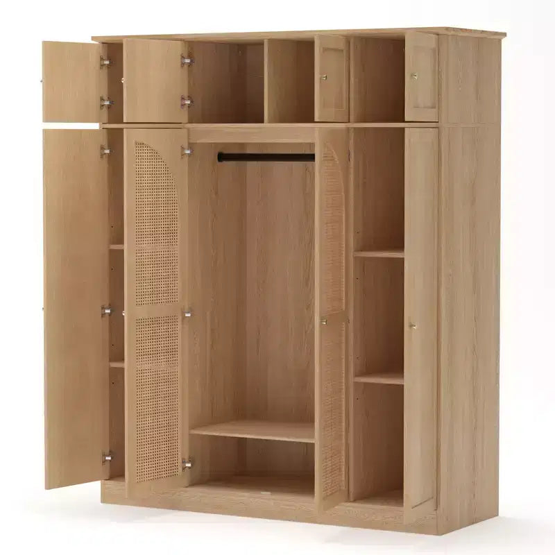Armário roupeiro alto de 70.87, com 8 portas e grande capacidade, varão para roupa, prateleiras ajustáveis e portas decorativas em vime
