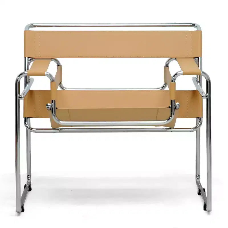 Baxton Studio Jericho Leder-Akzentsessel im Mid-Century-Modern-Stil, hellbraun: Chromoberfläche, bodenschonende Füße, vollständig montiert
