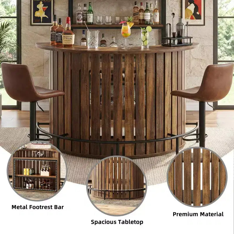 Mini-bar de 4 níveis em forma de arco, armário-bar doméstico moderno de estilo rústico com apoio para os pés e estrutura em MDF