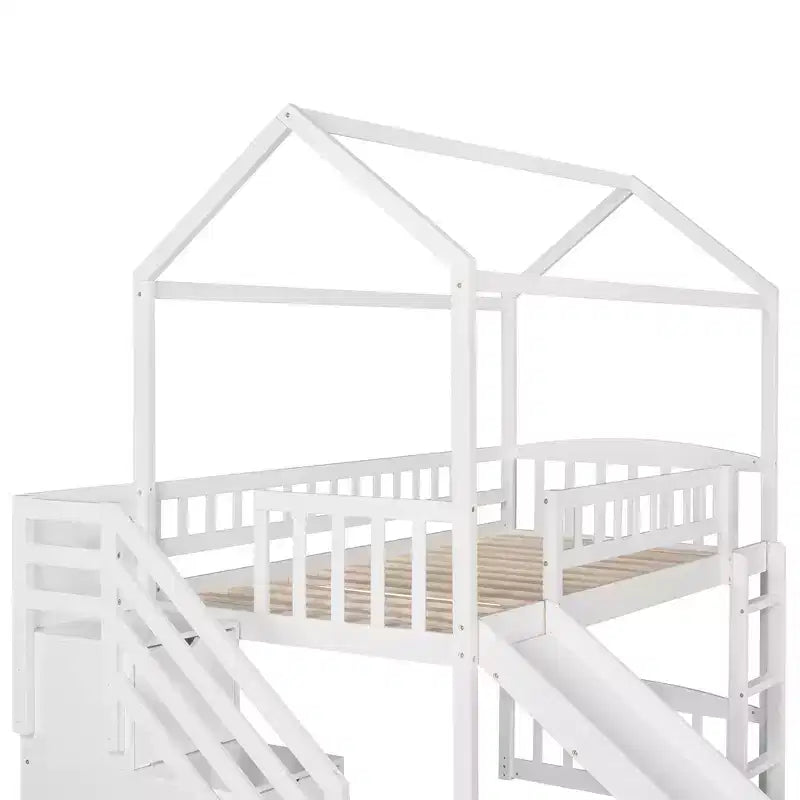 Cama alta tipo casa Twin com escorrega e escadas, cama alta com gavetas de arrumação, cama alta de madeira tipo cabana para crianças e bebés