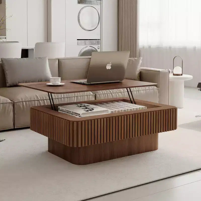 Mesa de centro JVNOXK com tampo elevatório canelado de 38.6', com arrumação, folheado de madeira maciça, altura ajustável, mesa de destaque moderna para sala de estar ou quarto, nogueira