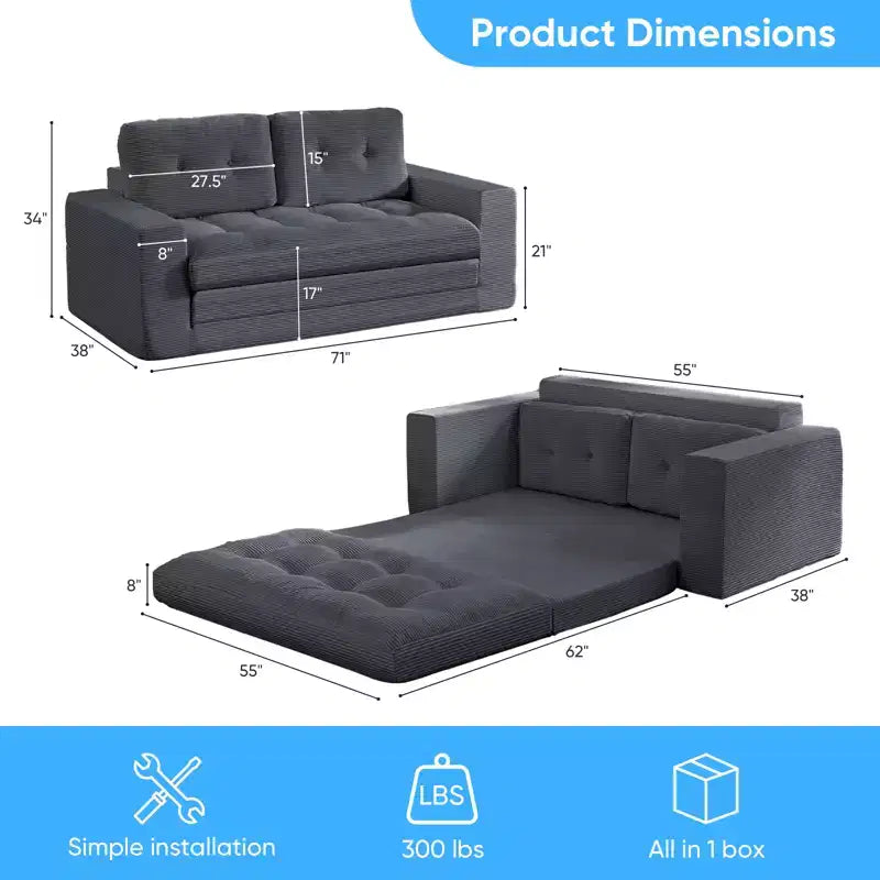 Canapé-lit futon convertible 2-en-1 Mjkone de 71 po, canapé deux places convertible pliable en tissu côtelé avec boutons capitonnés, gain de place