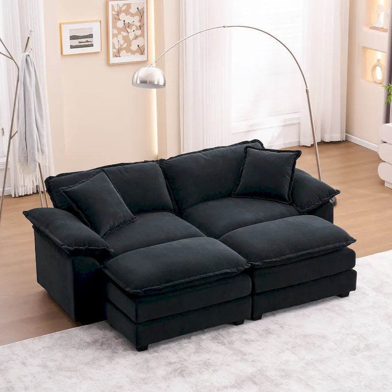 Canapé 2 places avec 2 coussins, 2 oreillers et 2 poufs, canapé confortable – canapé profond modulable pour le salon