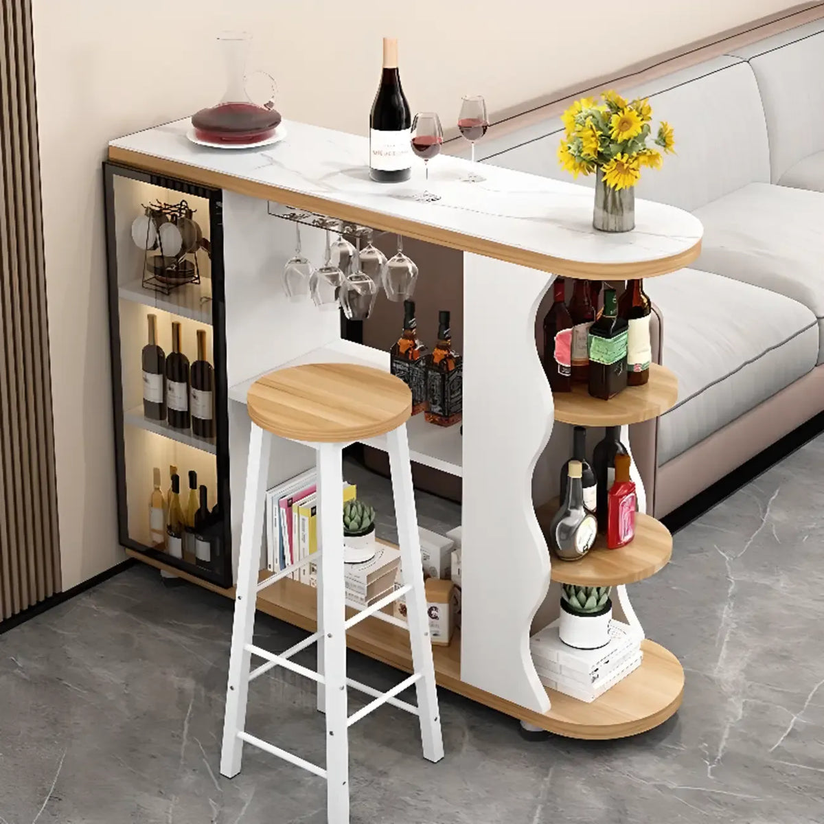 Table de bar moderne de forme libre avec plateau en pierre et rangement pour bars à domicile