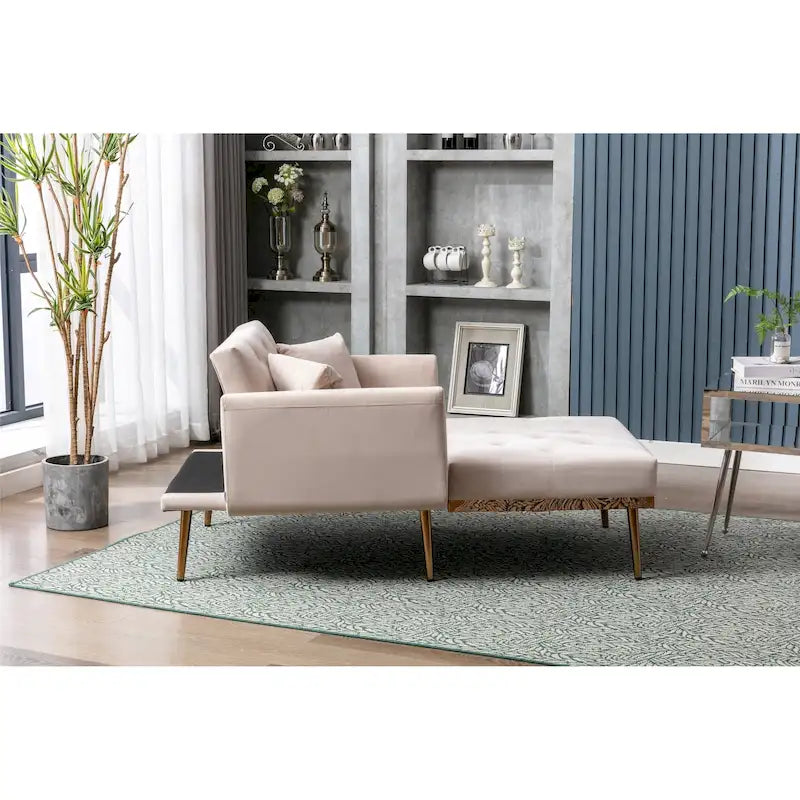 Poltrona letto in velluto imbottito e trapuntato per soggiorno, con gambe color oro rosato