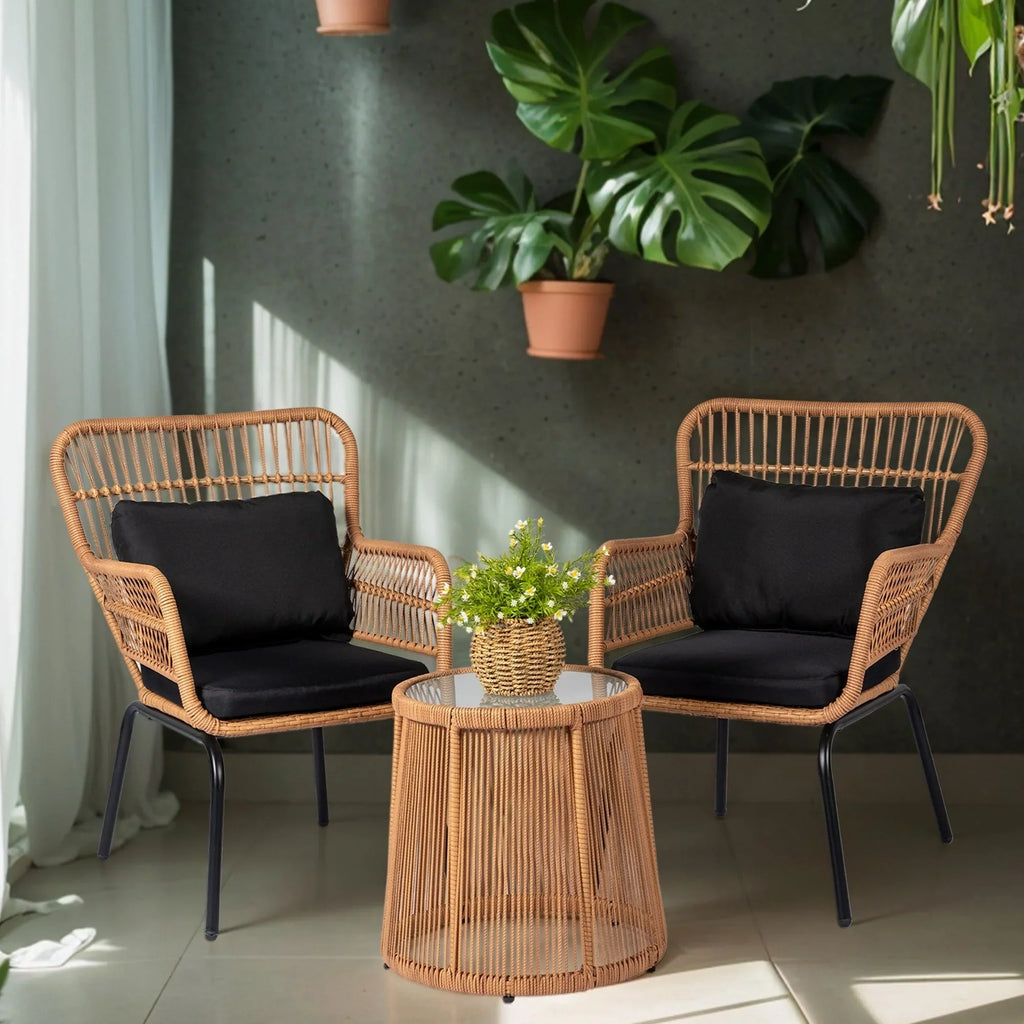 Ensemble bistro de conversation extérieur en osier de 3 pièces, mobilier de patio en rotin toutes saisons avec coussins