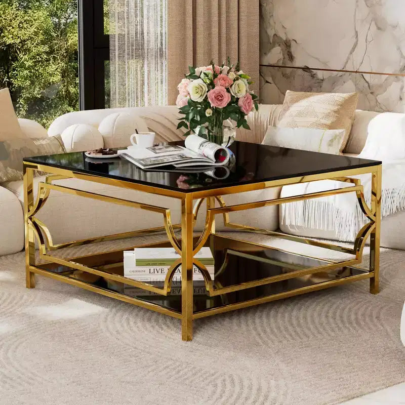 Mesa de centro quadrada Merax com tampo de vidro preto ou transparente e prateleira de exposição de dois níveis