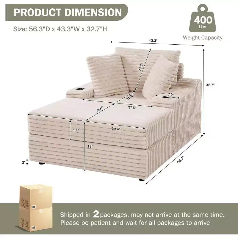 Chaise longue de grandes dimensões para interior com pufe de arrumação, sofá-cama estofado em bombazina Cloud Couch com 3 almofadas, poltrona-cama individual