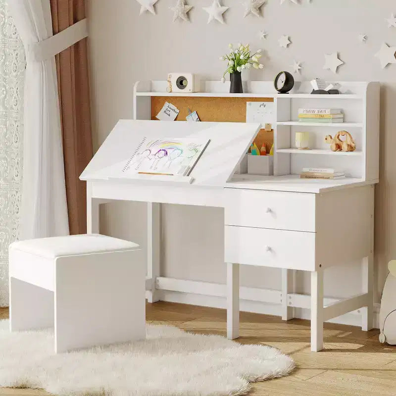 Sada dětského stolu a židle, dřevěný studijní stůl s nastavitelnou naklápěcí deskou, zásuvkami a korkovou nástěnkou - dětská školní studijní sada