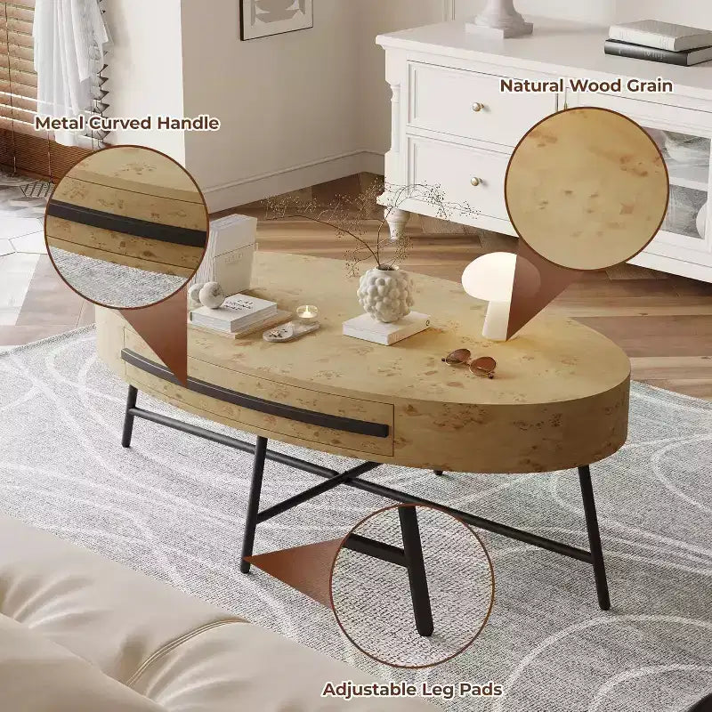 Mesa de centro oval Acekool com gaveta, mesa de arrumação de madeira de 47.2 com pernas metálicas cruzadas, mesa de centro moderna de meados do século em salgueiro natural e dourado