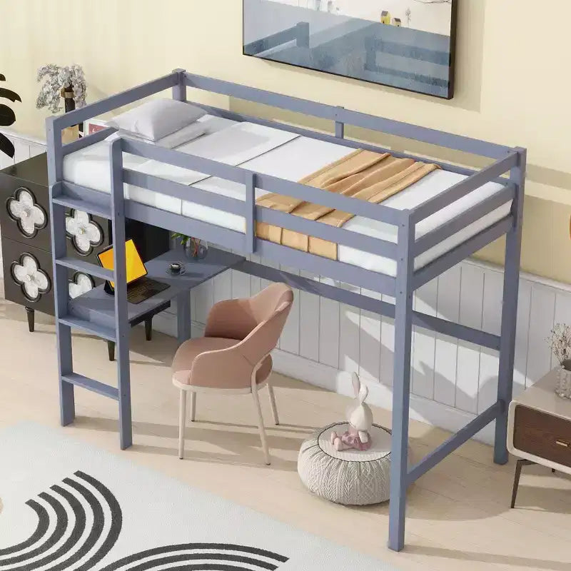 Lit mezzanine minimaliste Okak avec échelle, lit mezzanine double en bois d'hévéa avec barrière de sécurité et bureau intégré, cadres de lit pour enfants et adolescents