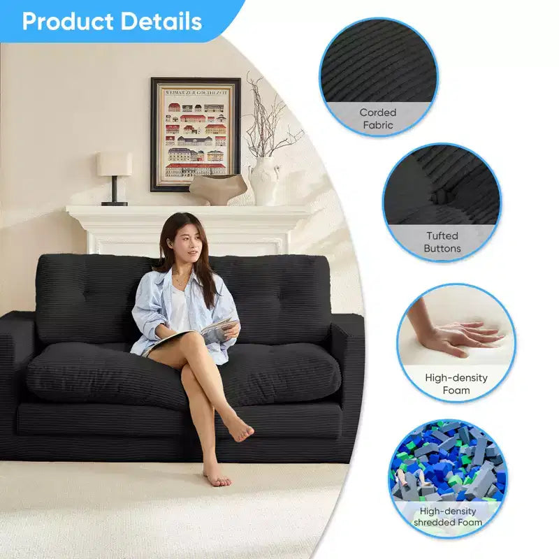 Canapé-lit futon convertible 2-en-1 Mjkone de 71 po, canapé deux places convertible pliable en tissu côtelé avec boutons capitonnés, gain de place