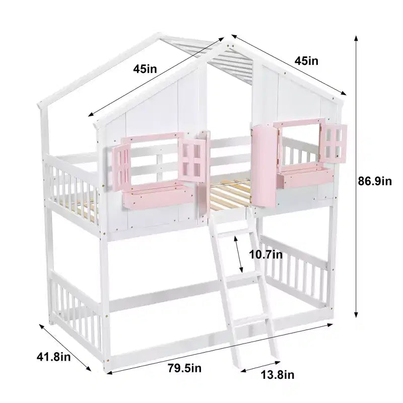 Cama alta de tamanho Twin em forma de casa, cama alta de madeira tipo casinha com escada e barreiras de proteção para crianças