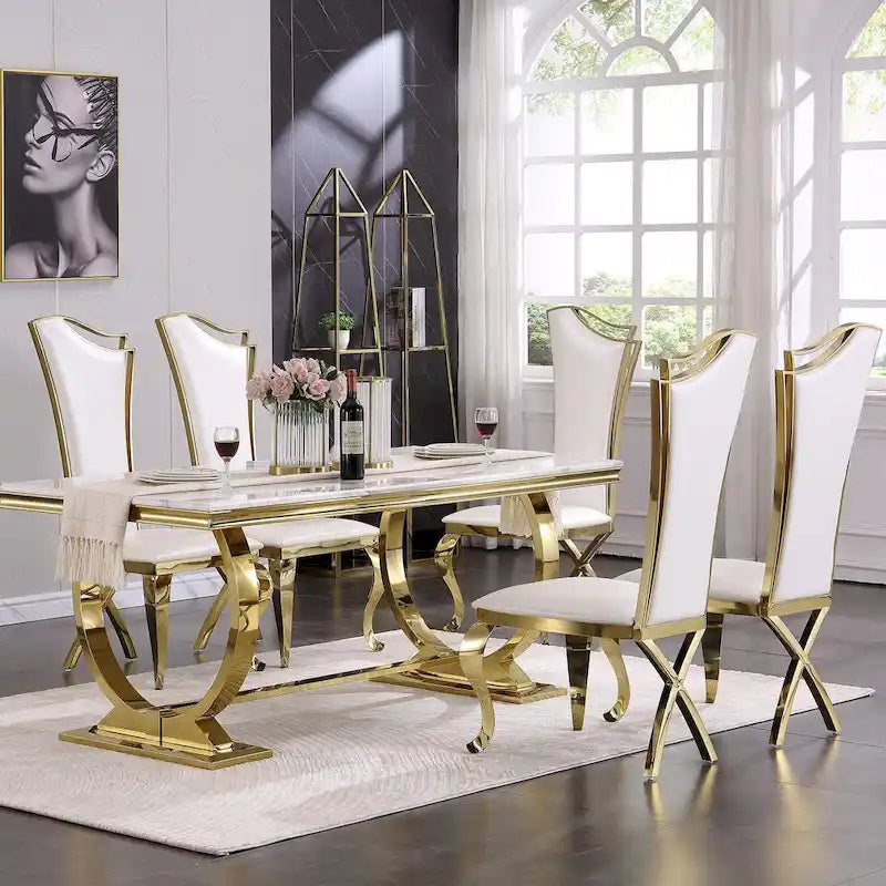 Modern Dining Room Table with Stainless Steel Metal U-Base