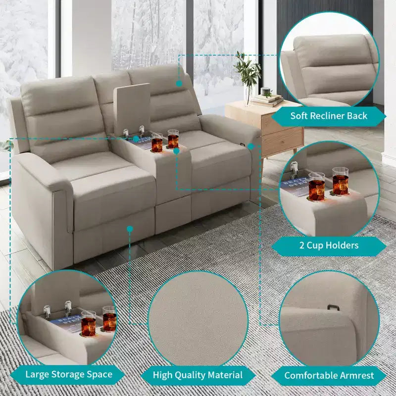 Beżowo-szara rozkładana sofa dwuosobowa z tkaniny technicznej, z regulowanym oparciem i podnóżkiem