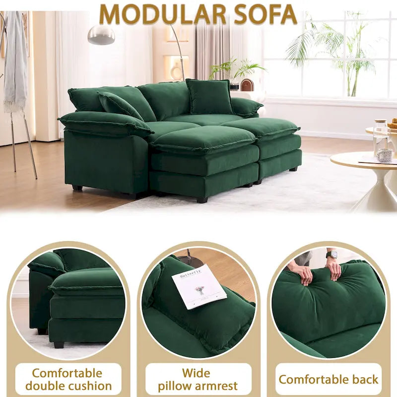 Canapé 2 places avec 2 coussins, 2 oreillers et 2 poufs, canapé confortable – canapé profond modulable pour le salon