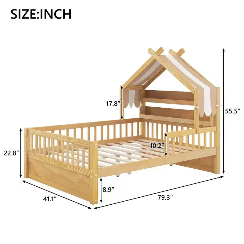 ModernLuxe Holzhausbett in Twin/Full-Größe mit Kopfteil und Stauraum, Kinderbettgestell aus massivem Kiefernholz mit Rausfallschutz