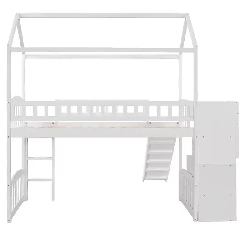 Cama alta tipo casa Twin com escorrega e escadas, cama alta com gavetas de arrumação, cama alta de madeira tipo cabana para crianças e bebés